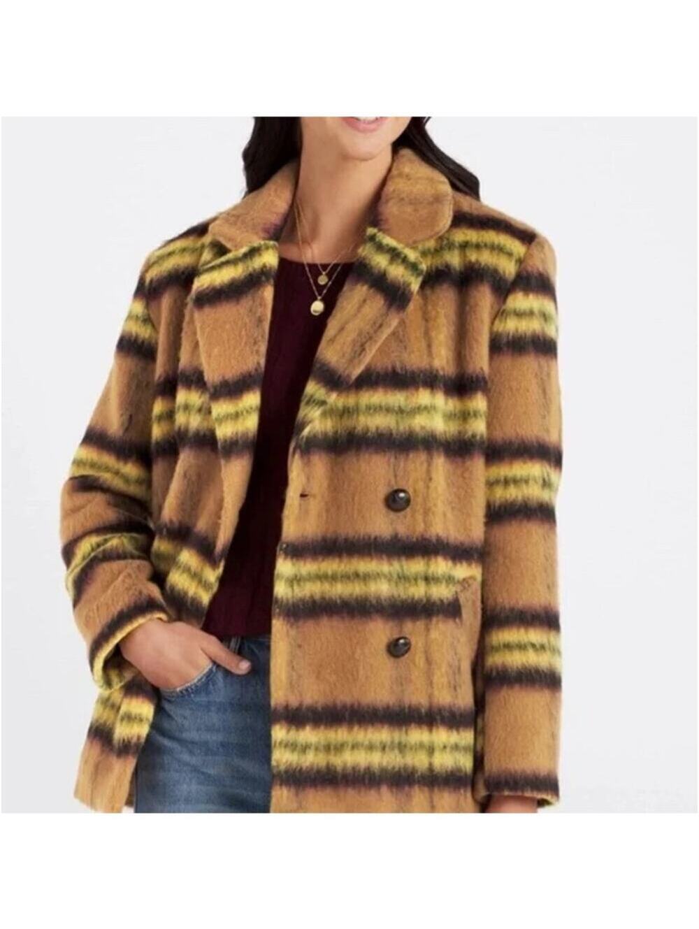 VIGOSS NWT Womens Lemon Brown Tan Yellow Plaid Double Breasted Peacoat Large